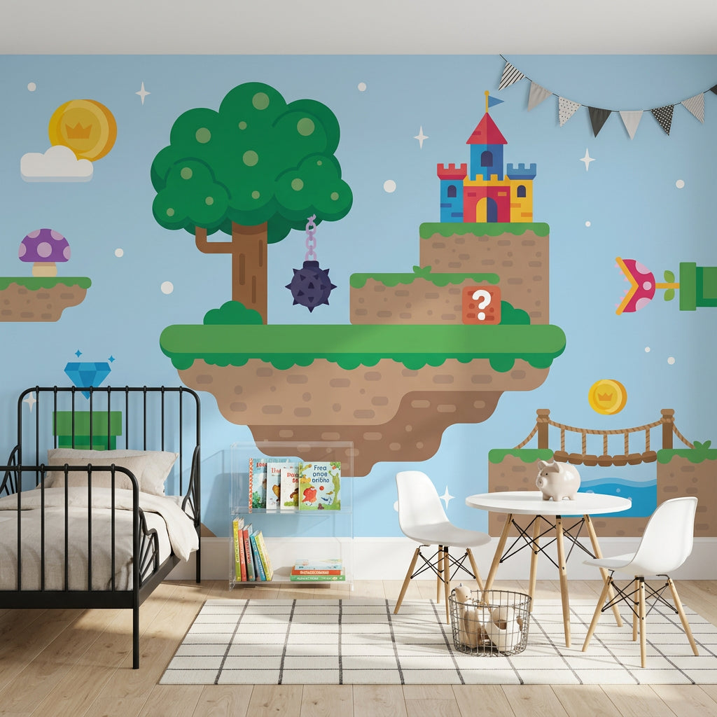 Video Game Landscape Wallpaper Floating Islands Flat Vector Removable Wall Decor
