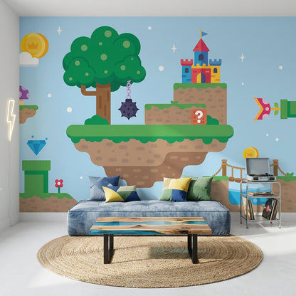 Video Game Landscape Wallpaper Floating Islands Flat Vector Removable Wall Decor