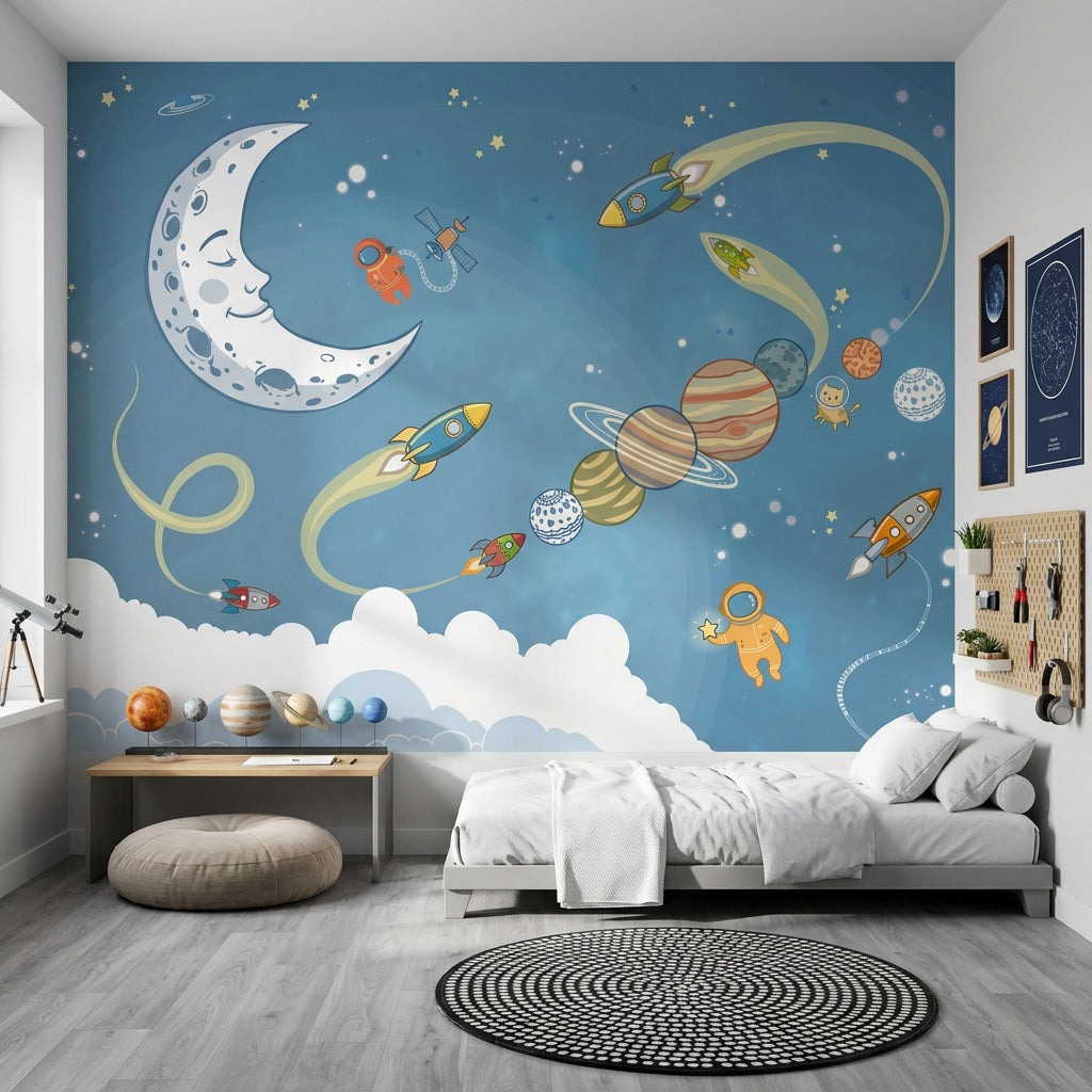 Space Wallpaper Cartoon Removable Rockets Wall Decor