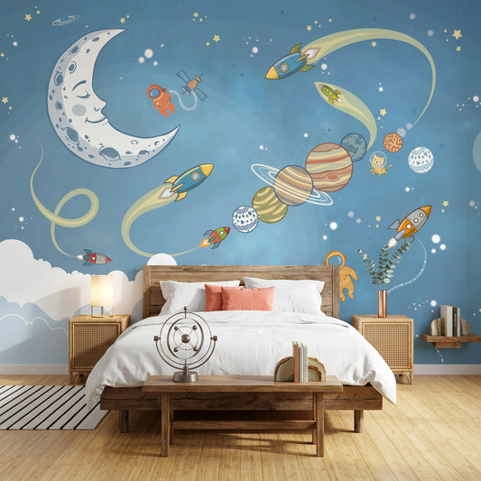 Space Wallpaper Cartoon Removable Rockets Wall Decor