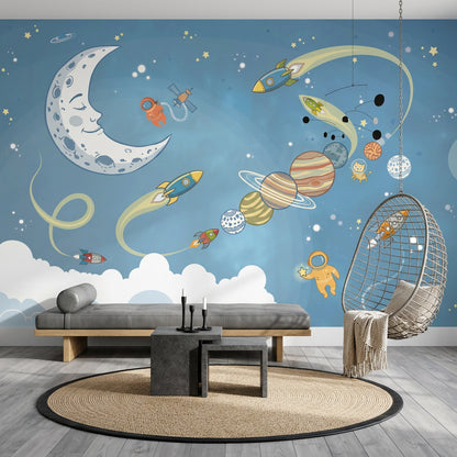Space Wallpaper Cartoon Removable Rockets Wall Decor