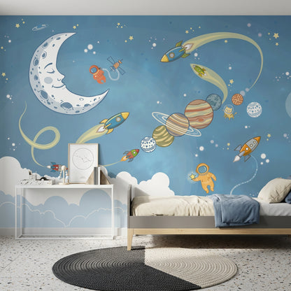 Space Wallpaper Cartoon Removable Rockets Wall Decor