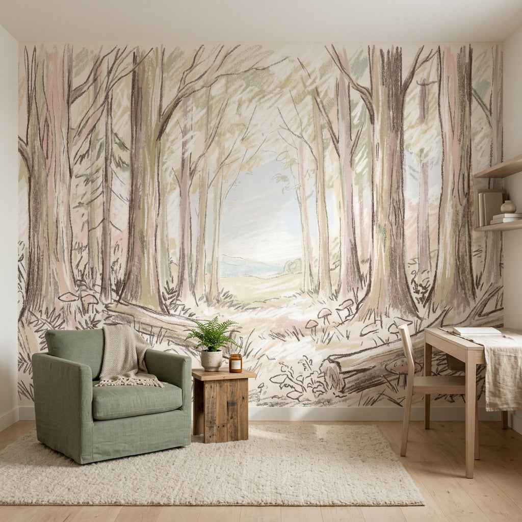 Woodland Wallpaper Forest Landscape Soft Watercolor Wall Mural