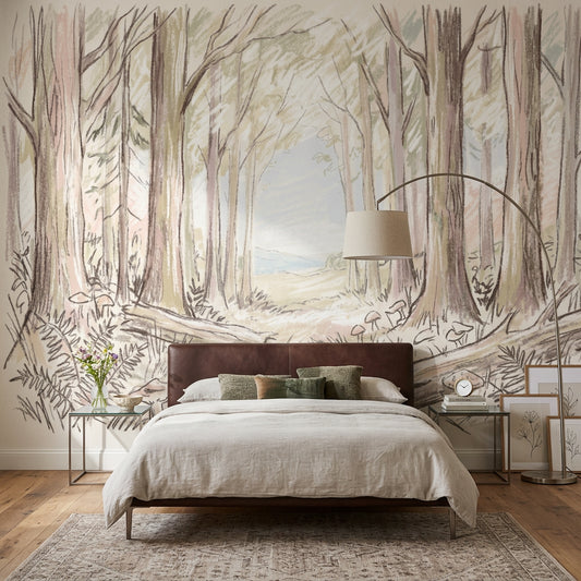 Woodland Wallpaper Forest Landscape Soft Watercolor Wall Mural