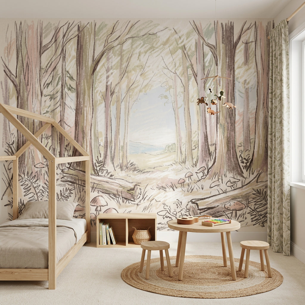 Woodland Wallpaper Forest Landscape Soft Watercolor Wall Mural
