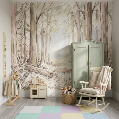 Woodland Wallpaper Forest Landscape Soft Watercolor Wall Mural