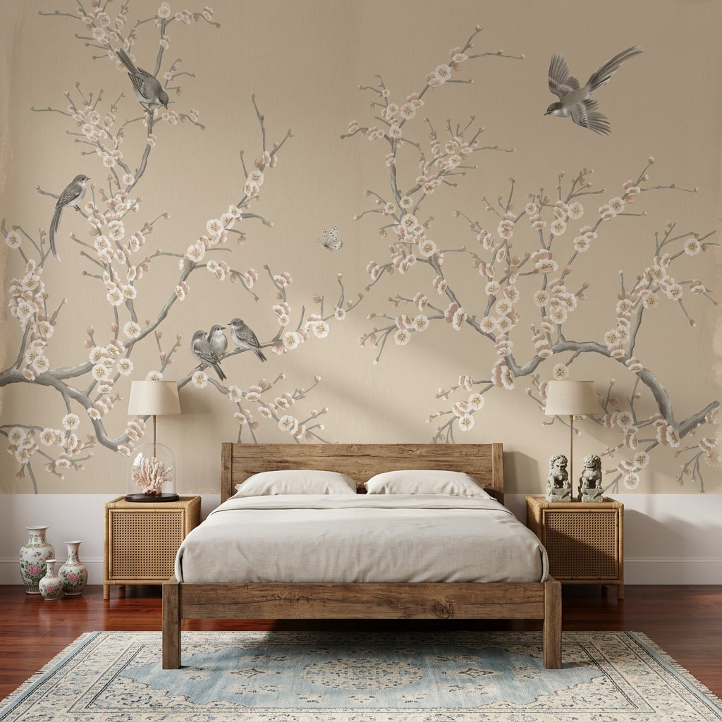 Cherry Blossom Wallpaper Floral Branches Birds Removable Wall Decor
