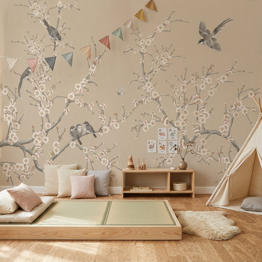Cherry Blossom Wallpaper Floral Branches Birds Removable Wall Decor