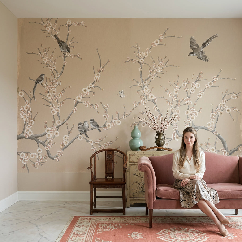 Cherry Blossom Wallpaper Floral Branches Birds Removable Wall Decor