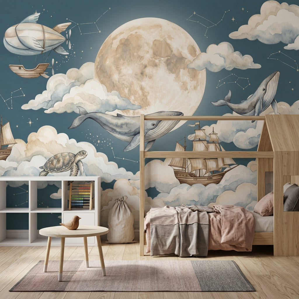 Blue Night Sky Wallpaper Moon Removable Watercolor Clouds Wall Decor