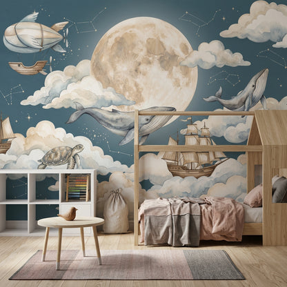 Blue Night Sky Wallpaper Moon Removable Watercolor Clouds Wall Decor