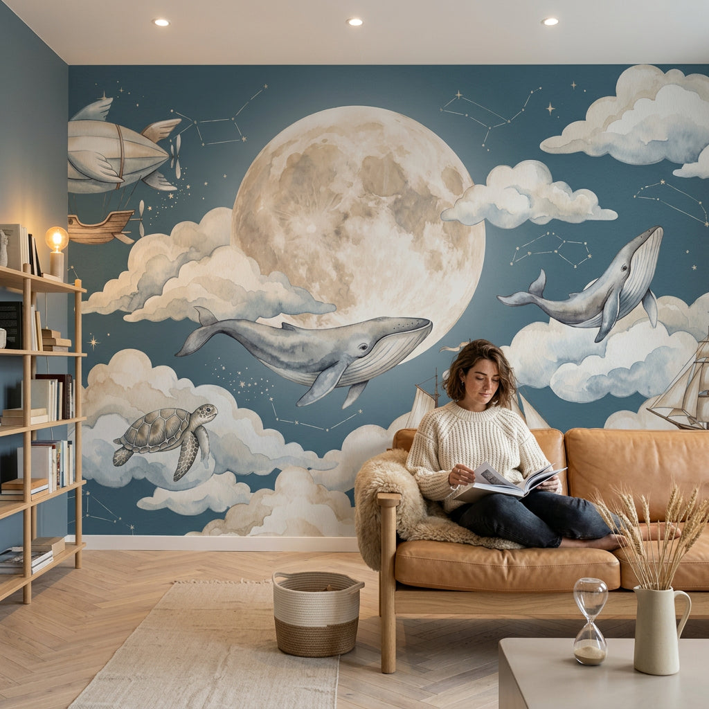 Blue Night Sky Wallpaper Moon Removable Watercolor Clouds Wall Decor