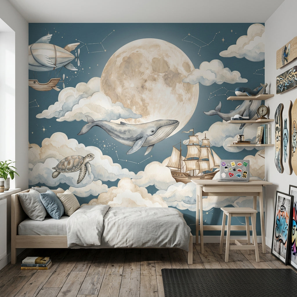 Blue Night Sky Wallpaper Moon Removable Watercolor Clouds Wall Decor