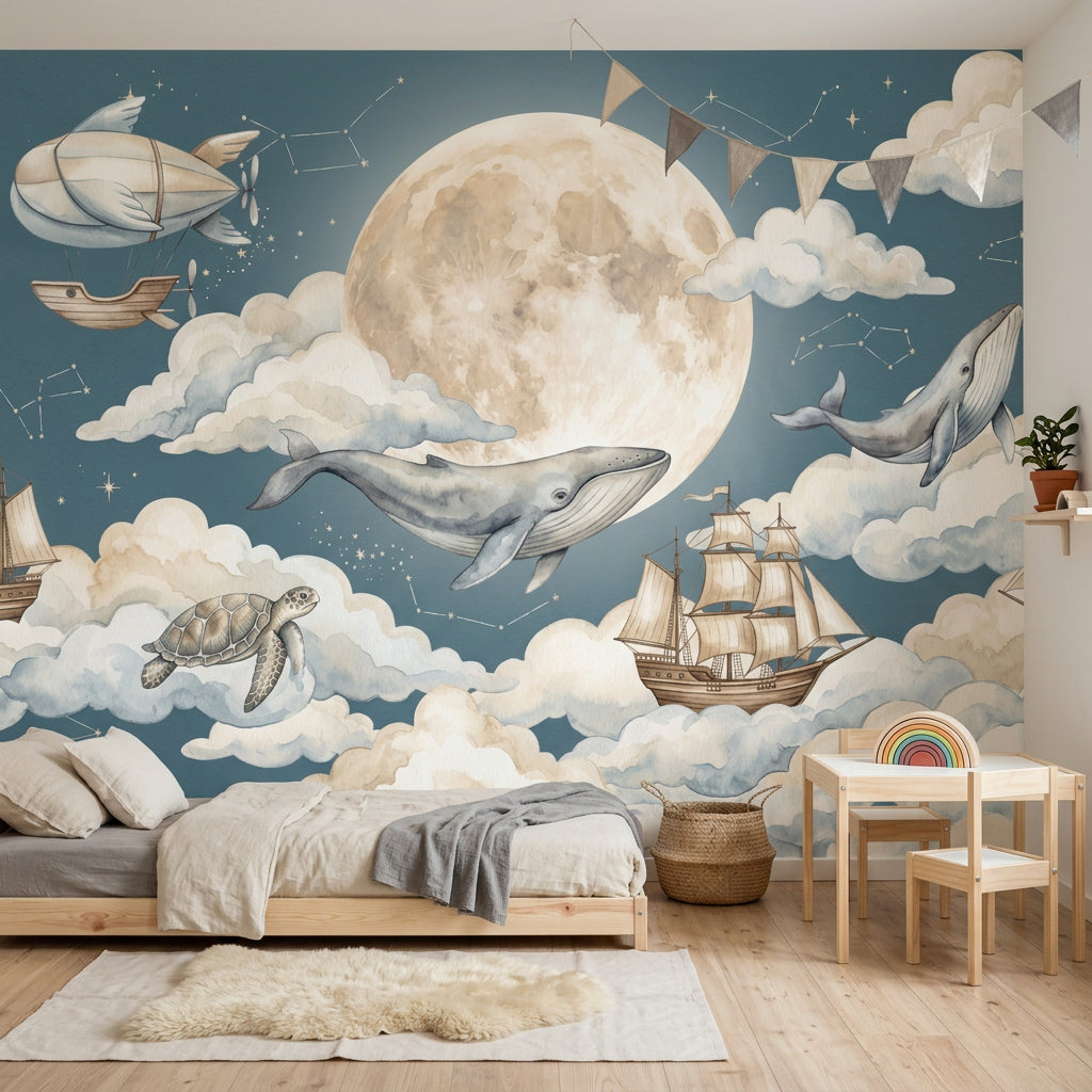 Blue Night Sky Wallpaper Moon Removable Watercolor Clouds Wall Decor