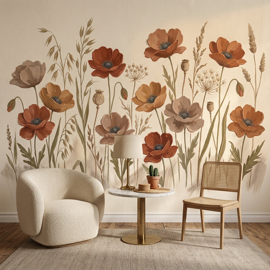 Wildflower Meadow Wallpaper Poppies Botanical Illustration Removable Wall Decor