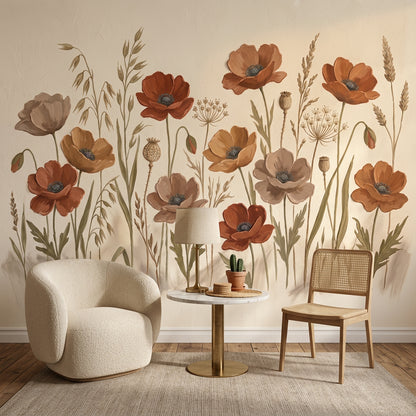 Wildflower Meadow Wallpaper Poppies Botanical Illustration Removable Wall Decor