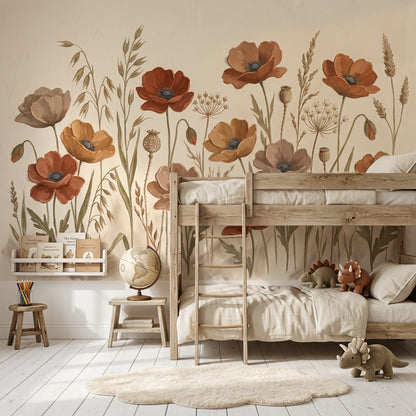 Wildflower Meadow Wallpaper Poppies Botanical Illustration Removable Wall Decor