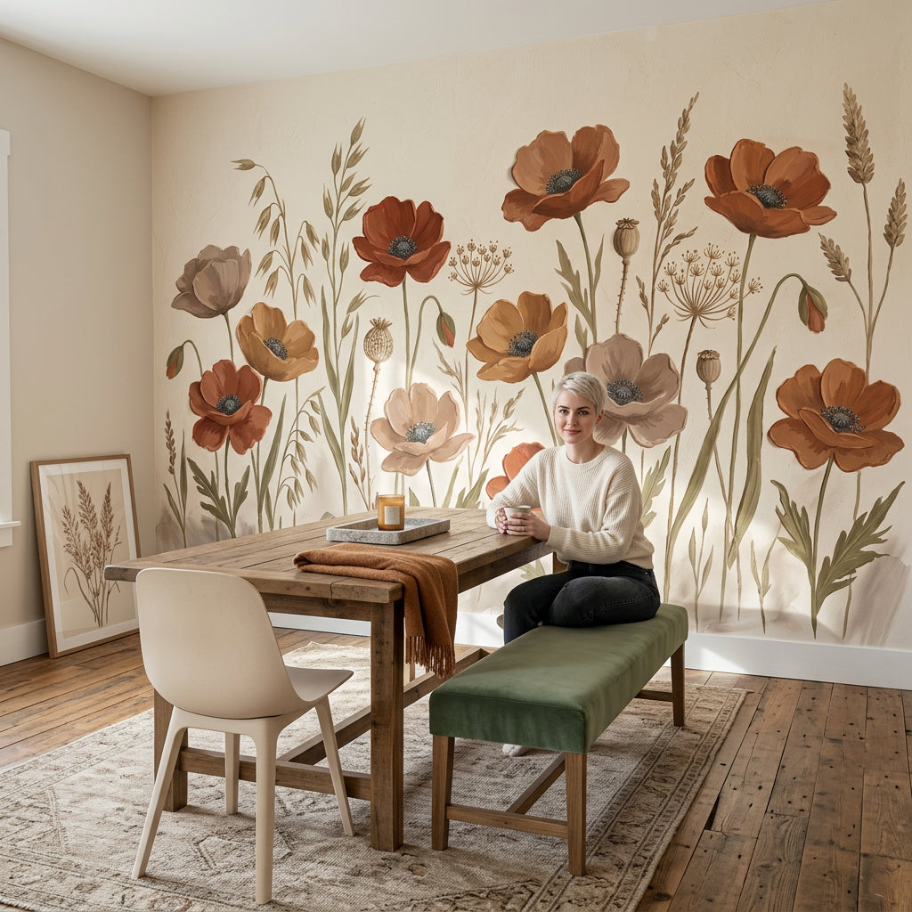 Wildflower Meadow Wallpaper Poppies Botanical Illustration Removable Wall Decor