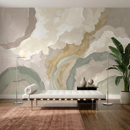 Abstract Landscape Wallpaper Painterly Brushstrokes Soft Clouds Wall Mural