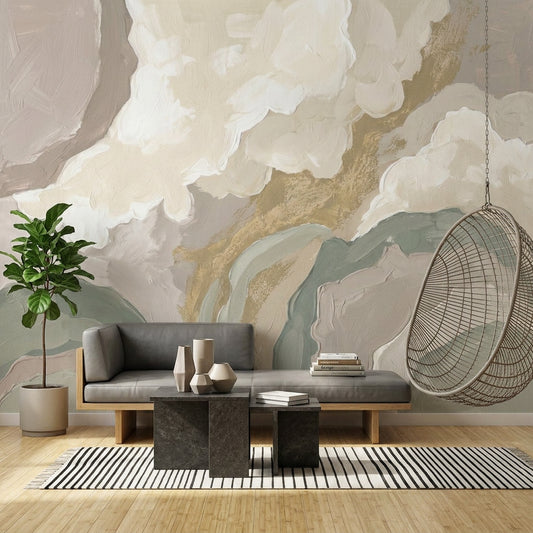 Abstract Landscape Wallpaper Painterly Brushstrokes Soft Clouds Wall Mural