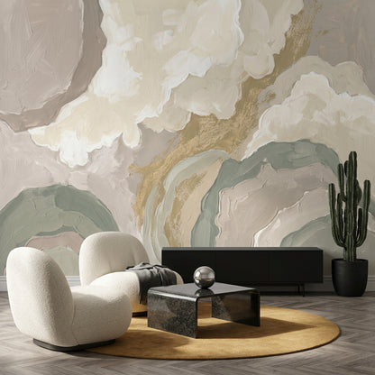 Abstract Landscape Wallpaper Painterly Brushstrokes Soft Clouds Wall Mural