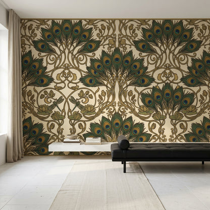 Peacock Feathers Wallpaper Ornamental Vines Art Deco Removable Wall Decor