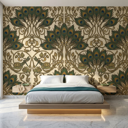 Peacock Feathers Wallpaper Ornamental Vines Art Deco Removable Wall Decor