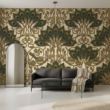 Peacock Feathers Wallpaper Ornamental Vines Art Deco Removable Wall Decor