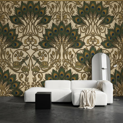Peacock Feathers Wallpaper Ornamental Vines Art Deco Removable Wall Decor