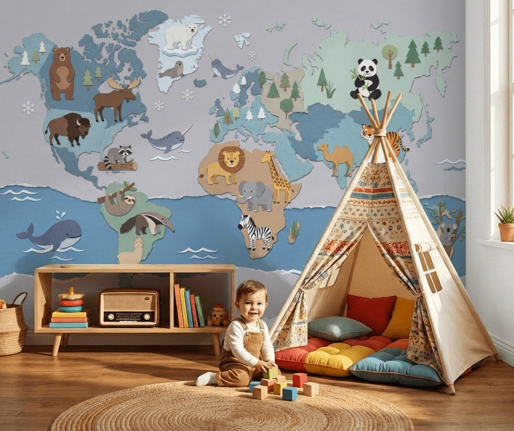 World Map Wallpaper Cute Animals Kids Wall Mural