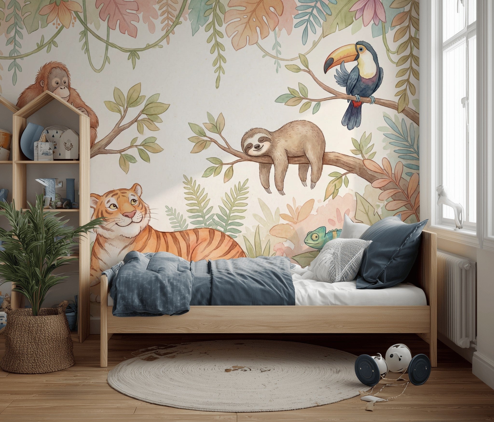 Tropical Jungle Wallpaper Watercolor Animals Pastel Foliage Removable Wall Decor