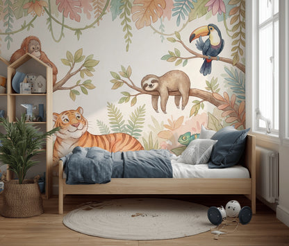 Tropical Jungle Wallpaper Watercolor Animals Pastel Foliage Removable Wall Decor