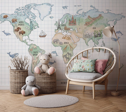 World Map Wallpaper Atlas Geography Removable Wall Decor