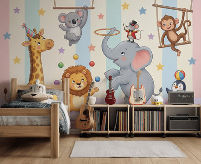 Circus Wallpaper Cute Animals Pastel Stripes Wall Mural