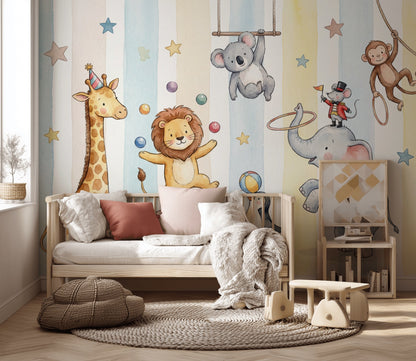 Circus Animals Wallpaper Watercolor Removable Pastel Wall Decor