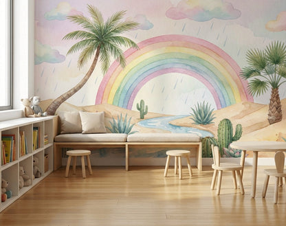 Pastel Rainbow Wallpaper Watercolor Desert Removable Cacti And Succulents Wall Decor