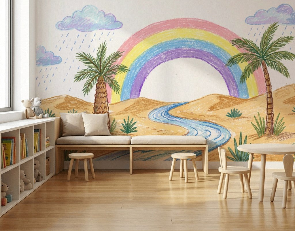 Desert Landscape Wallpaper Pastel Rainbow Palm Trees Removable Wall Decor