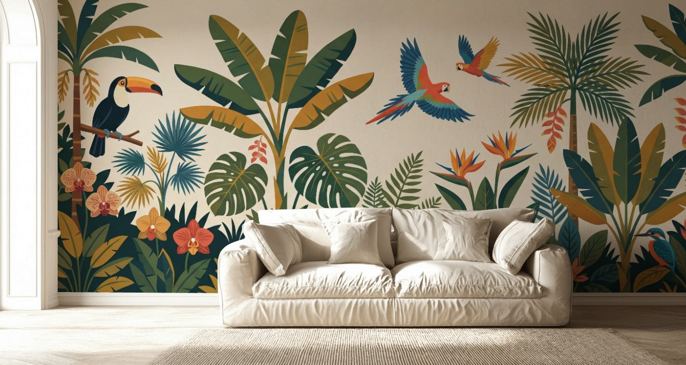Rainforest Wallpaper Parrots Palm Leaves Wall Mural