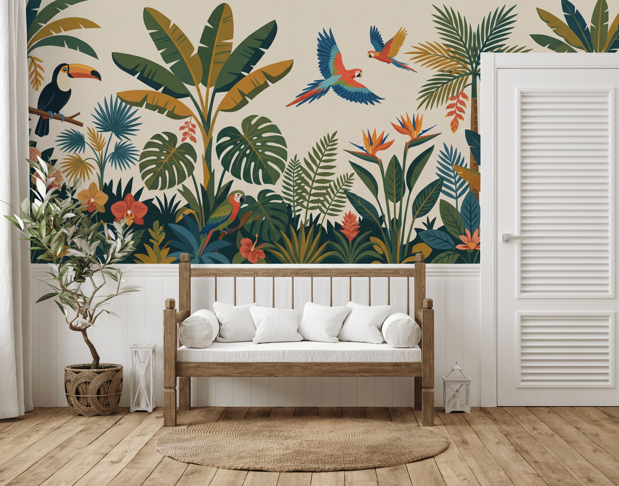 Rainforest Wallpaper Parrots Palm Leaves Wall Mural