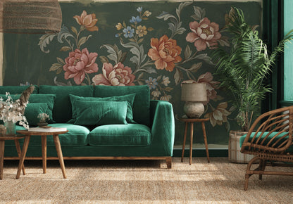 Vintage Floral Wallpaper Dark Green Background Hand Painted Botanicals Wall Mural