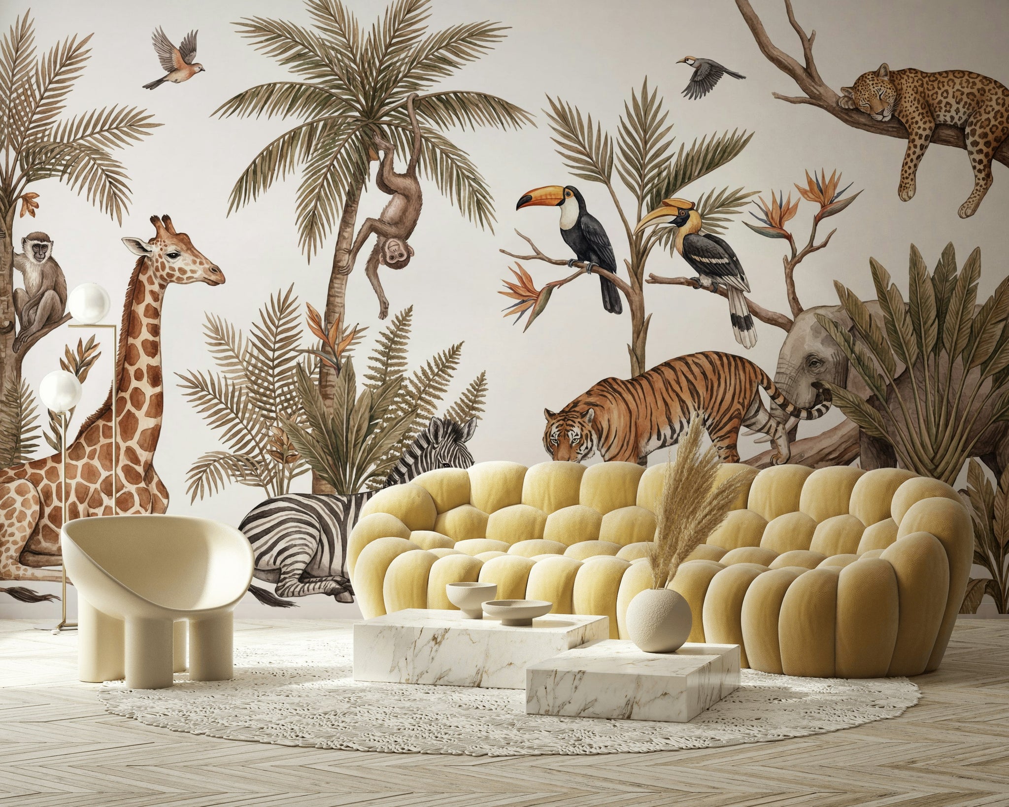 White Background Wallpaper Neutral Removable Tropical Wall Decor
