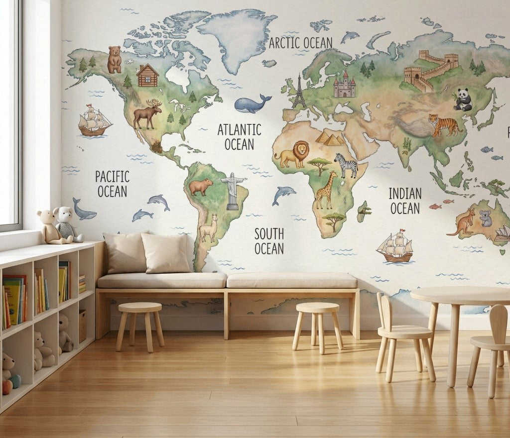 World Map Wallpaper Global Map Removable Educational Map Wall Decor