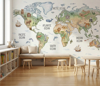 World Map Wallpaper Global Map Removable Educational Map Wall Decor