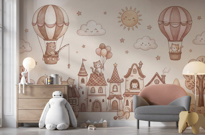 Storybook Village Wallpaper Cats Hot Air Balloons Removable Wall Decor