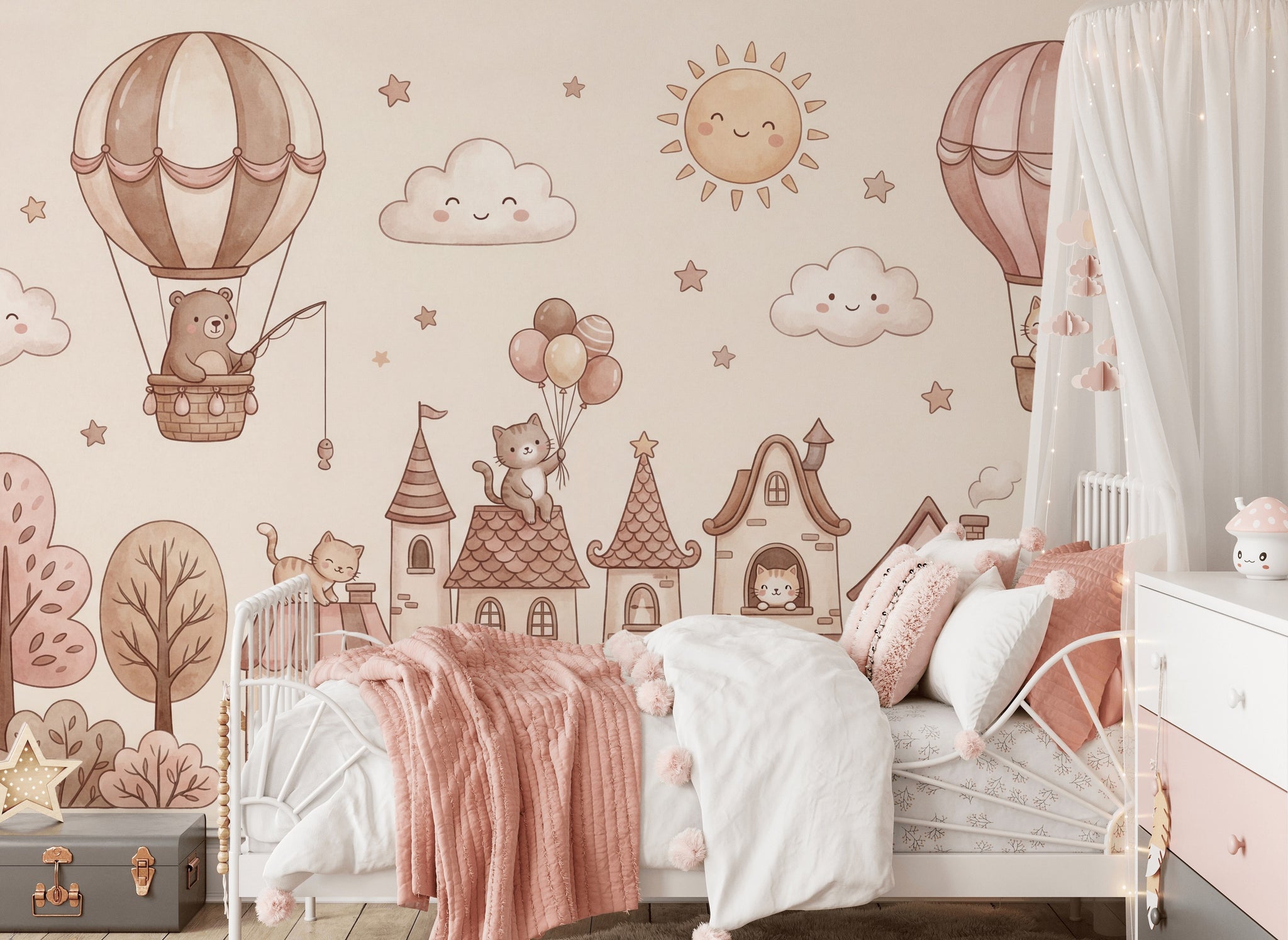 Storybook Village Wallpaper Cats Hot Air Balloons Removable Wall Decor