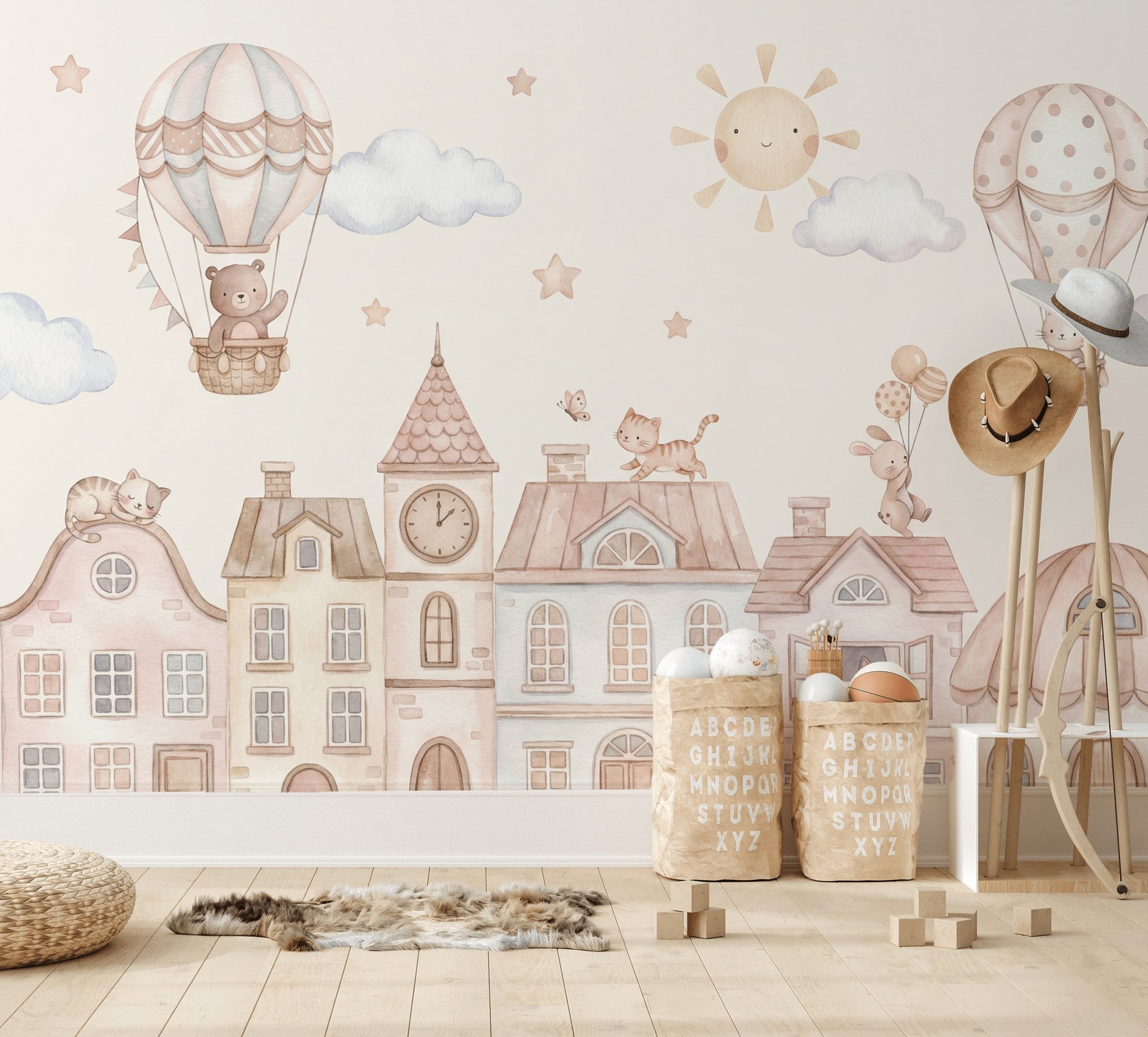 Hot Air Balloon Wallpaper Storybook Town Removable Nursery Wall Decor