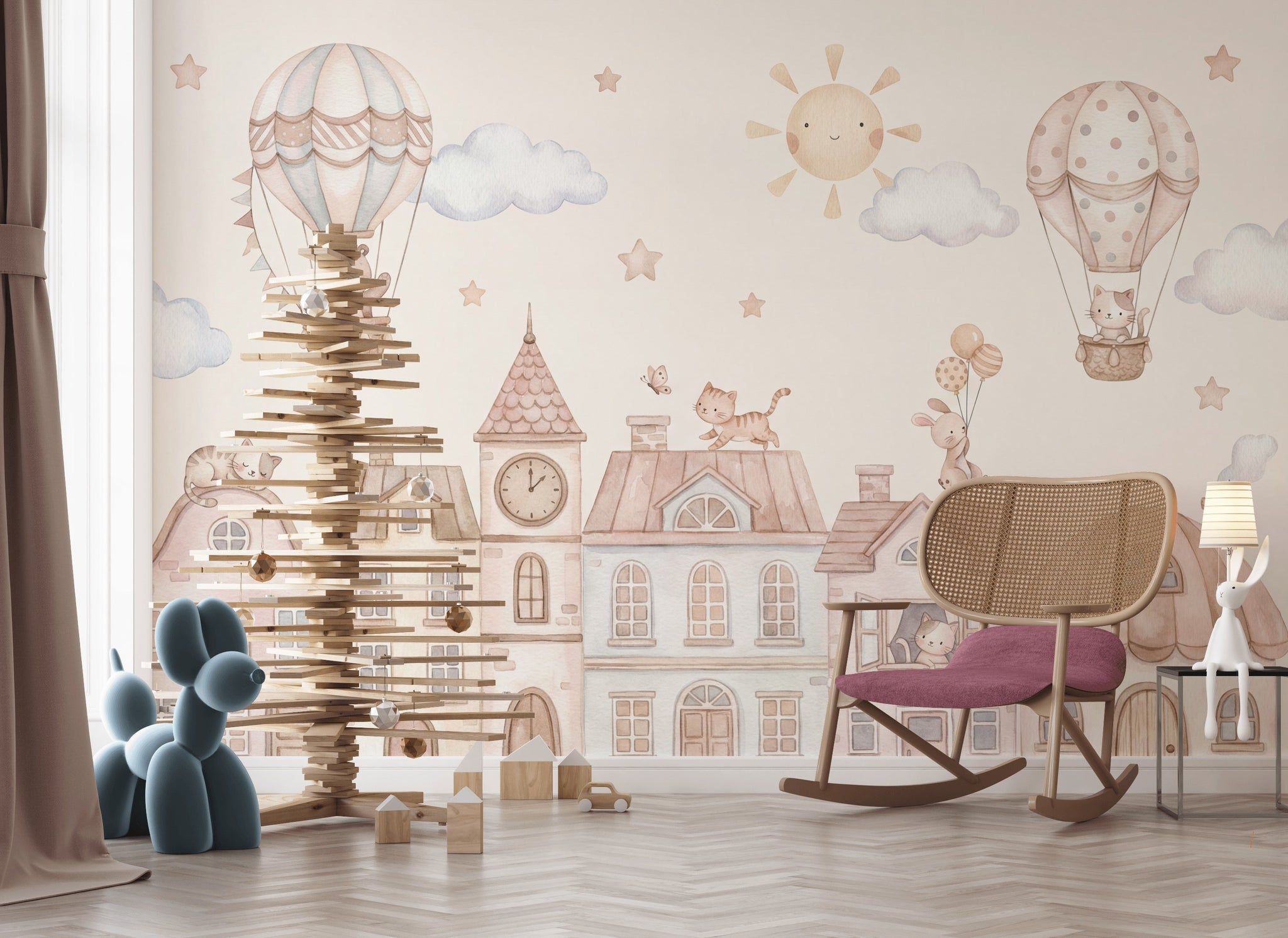 Hot Air Balloon Wallpaper Storybook Town Removable Nursery Wall Decor