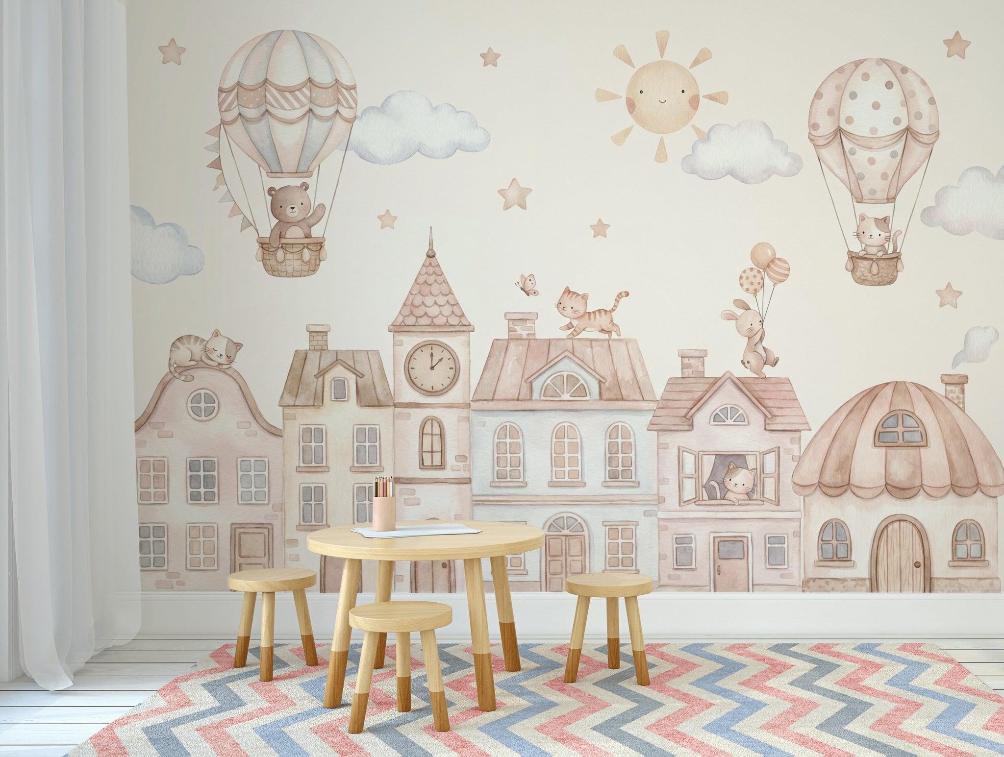 Hot Air Balloon Wallpaper Storybook Town Removable Nursery Wall Decor