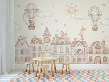 Hot Air Balloon Wallpaper Storybook Town Removable Nursery Wall Decor
