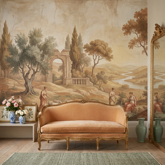 Classical Pastoral Landscape Wallpaper Antique Fresco Roman Arch Ruin Wall Mural